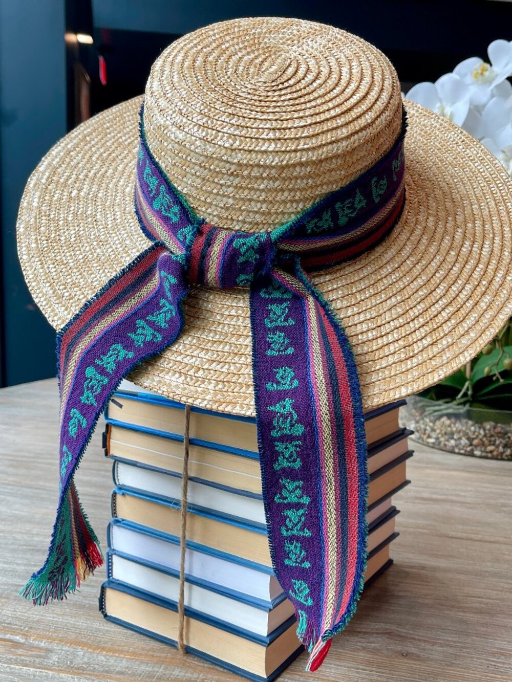Size M/L, 3.75" Wide Brim One-of-a-Kind Designer Straw Boater Sun Hat with Handw